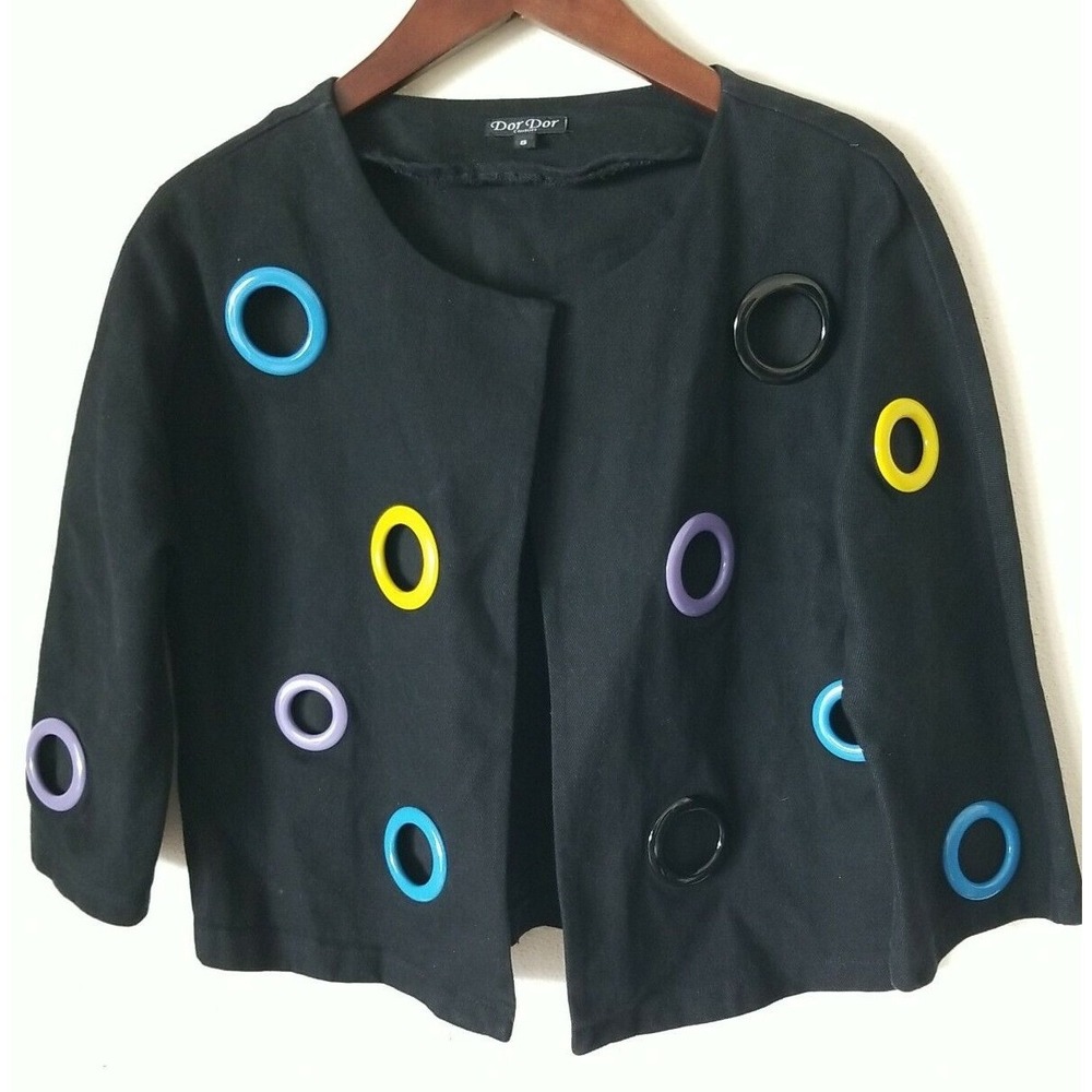 DOR DOR Couture Women's 1 Button Black w/ Multicolor‎ Circles Art Deco Blazer S
